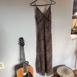 Leopard Print Lace Trim Sheer Maxi Dress. Size Large
